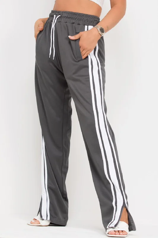 Side Stripe Wide Leg Split Hem Joggers Grey