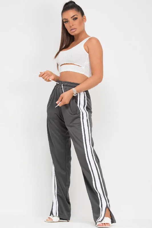 Side Stripe Wide Leg Split Hem Joggers Grey