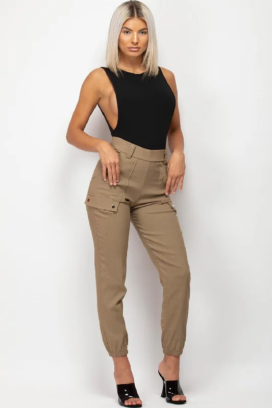 Stone High Waisted Cargo Trousers