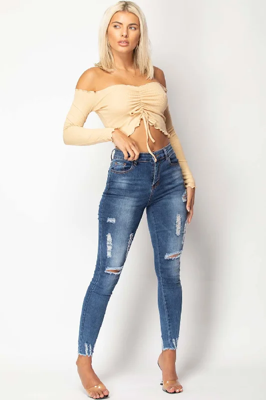 Stone Ruched Detail Long Sleeve Bardot Crop Top