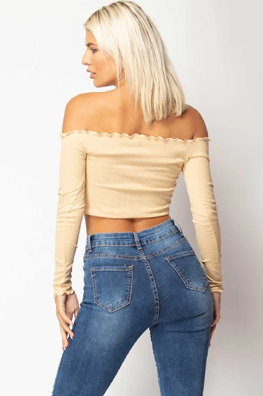 Stone Ruched Detail Long Sleeve Bardot Crop Top