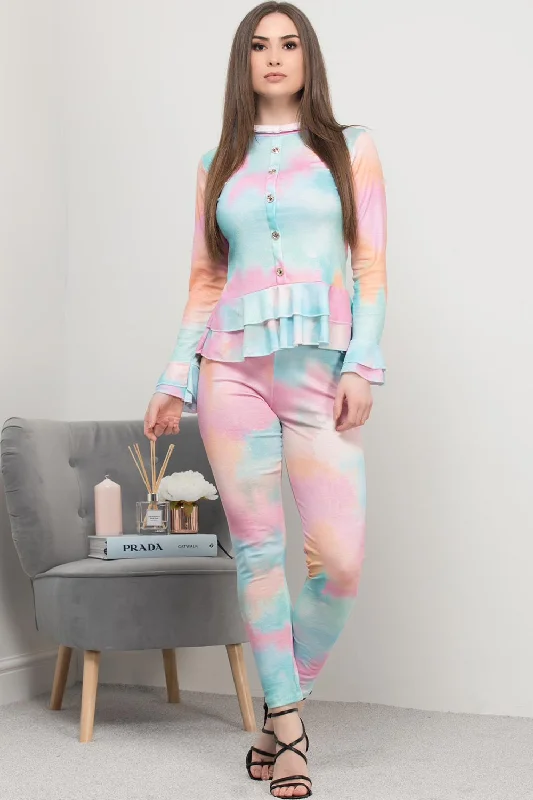 Tie Dye Frill Detail Button Front Loungewear Set