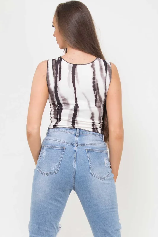 Tie Dye Stitch Detail Sleeveless Crop Top Brown