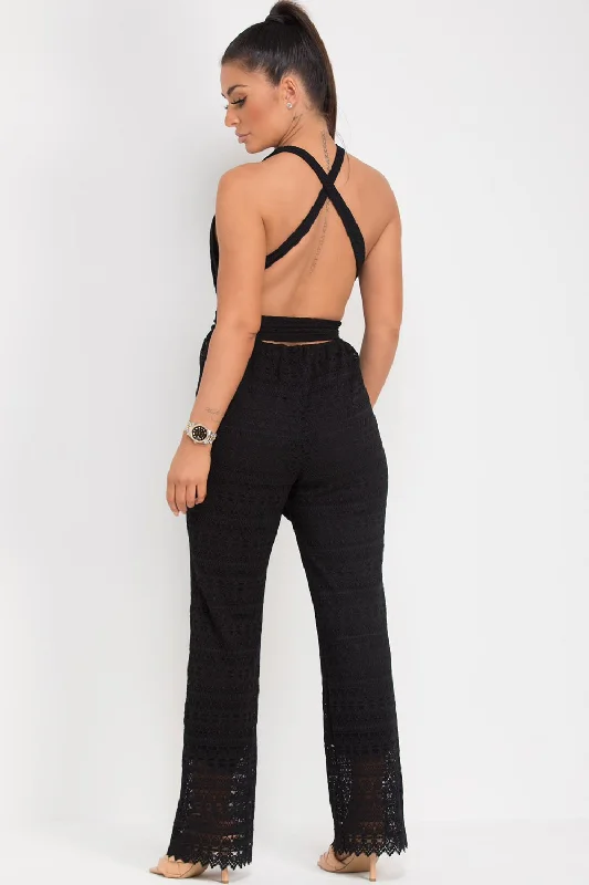 Wide Leg Crochet Backless Jumpsuit Black