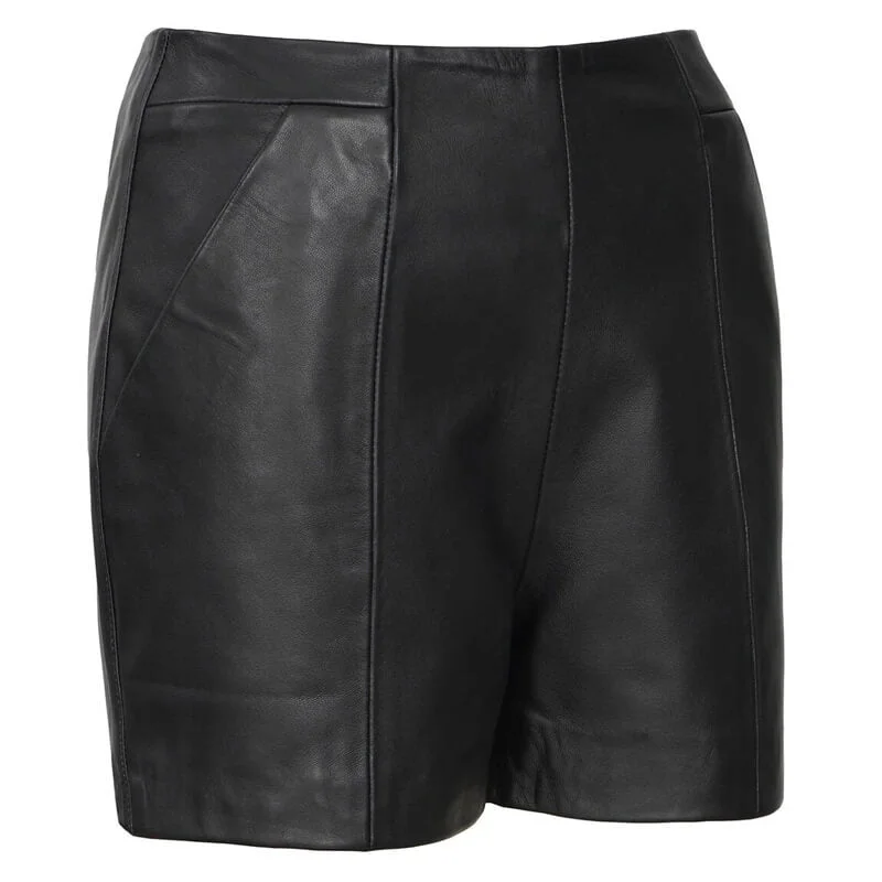 Women's Black Real Leather Shorts - High Waisted Style