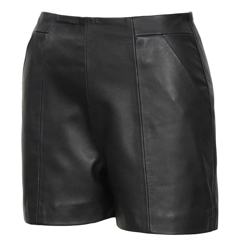 Women's Black Real Leather Shorts - High Waisted Style