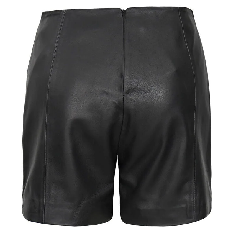 Women's Black Real Leather Shorts - High Waisted Style