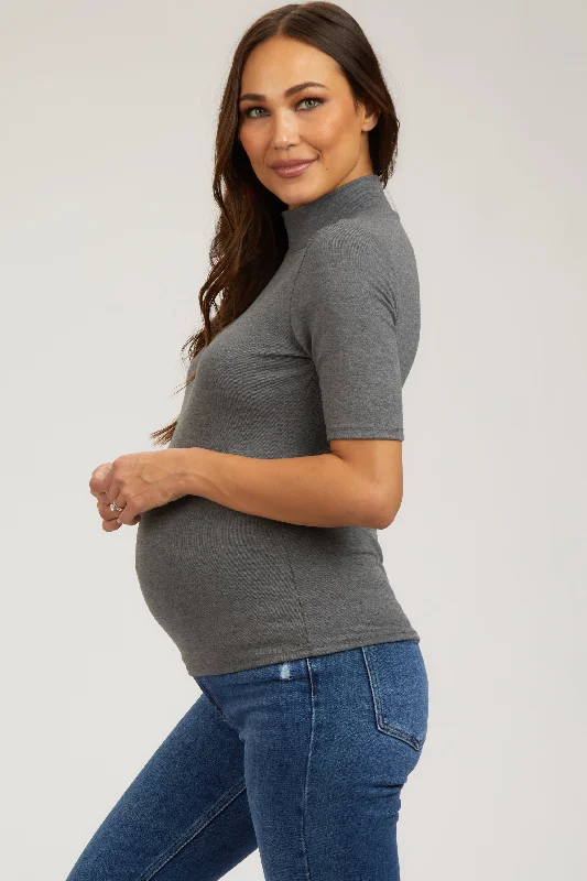 Charcoal Short Sleeve Turtleneck Maternity Top