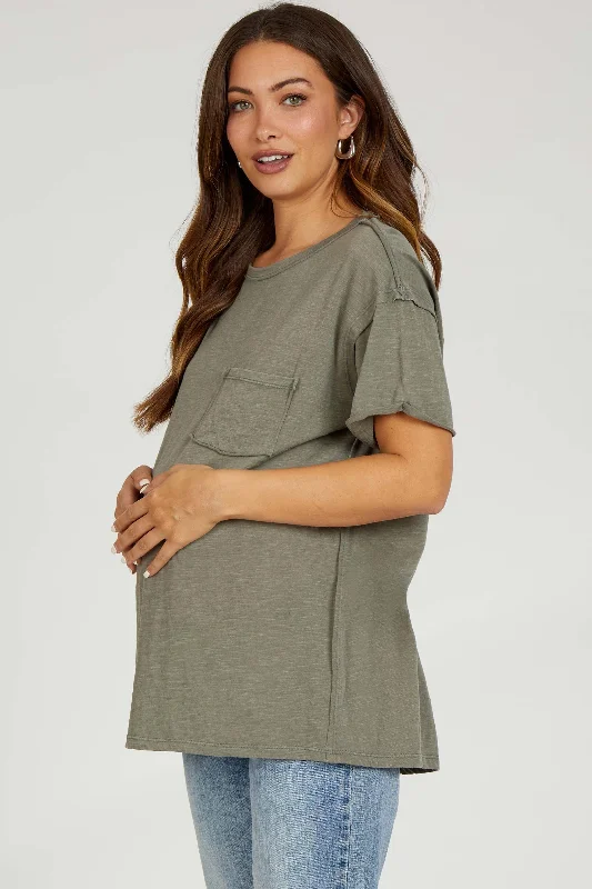 Olive Mineral Wash Front Pocket Short Sleeve Maternity T-Shirt