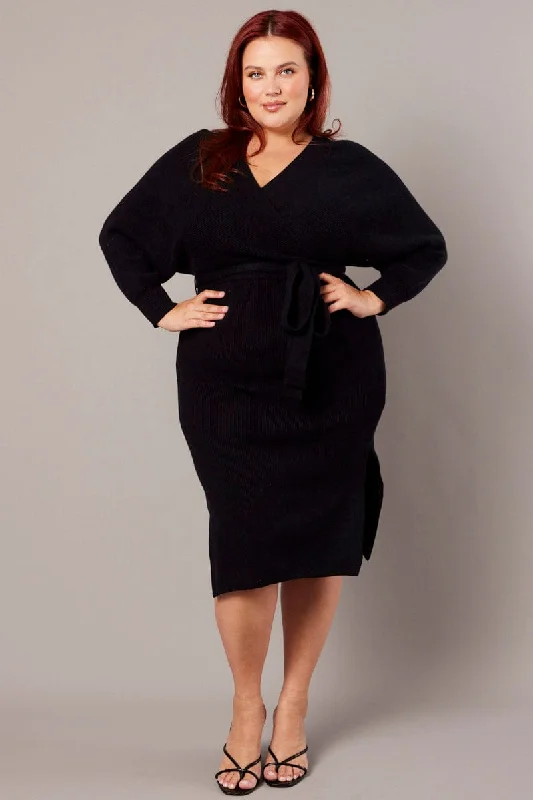 Black Knit Knee Length Dress