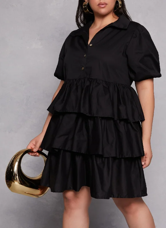 Plus Size Bubble Sleeve Ruffle Tiered Dress