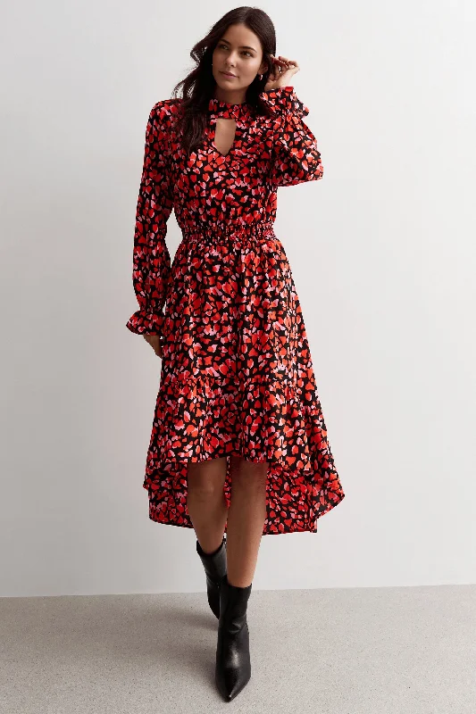 Heart Print High Low Hem ruffle Dress