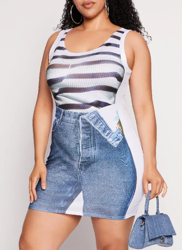 Plus Size Outfit Illusion Graphic Tank Dress
