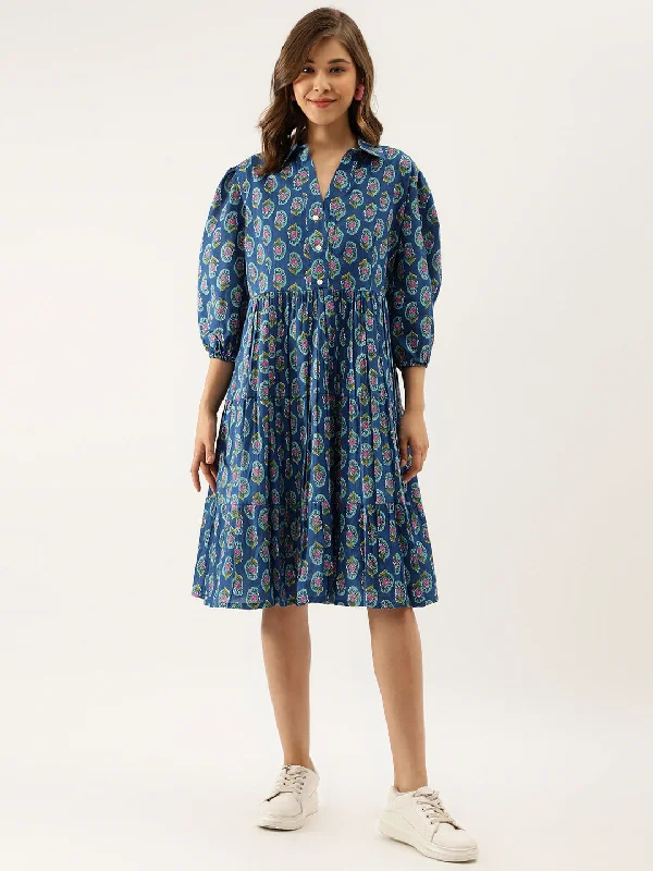 Women Blue Paisley Printed Cotton Dress