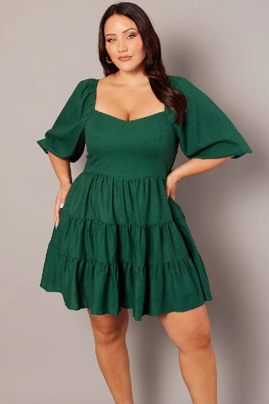 Green Puff Three Quarter Sleeve Sweetheart Neck Dress
