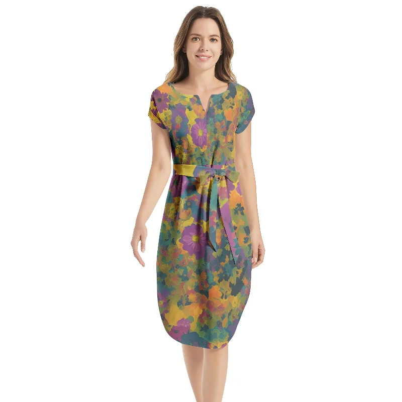 Notched Neck Belted Dress