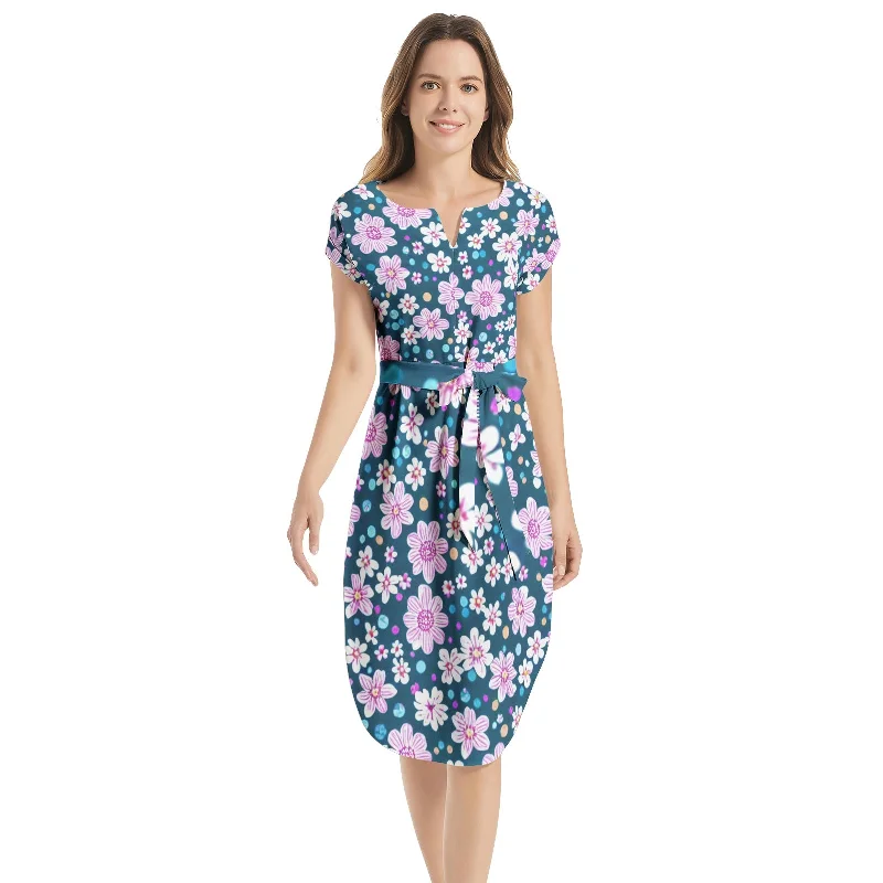 Notched Neck Belted Dress