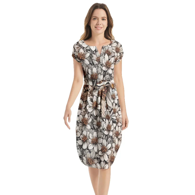 Notched Neck Belted Dress