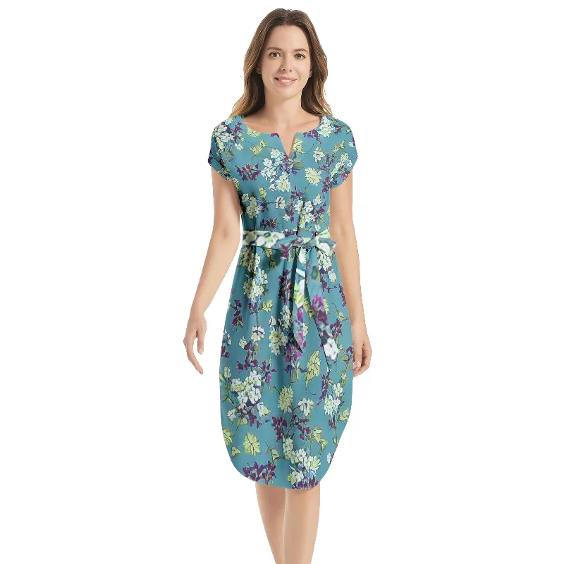Notched Neck Belted Dress