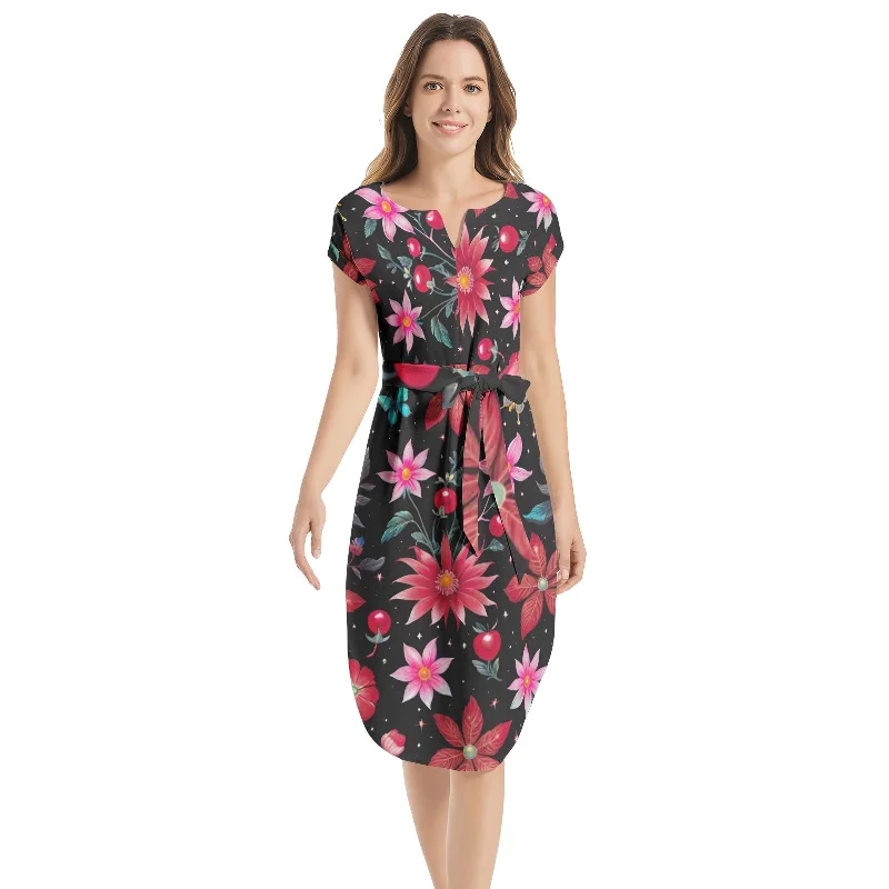 Notched Neck Belted Dress