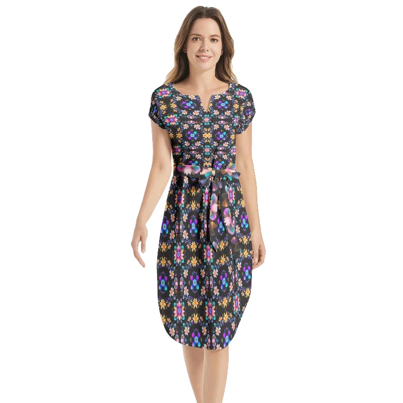 Notched Neck Belted Dress