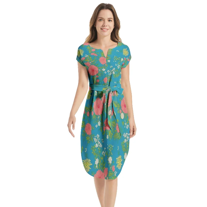 Notched Neck Belted Dress