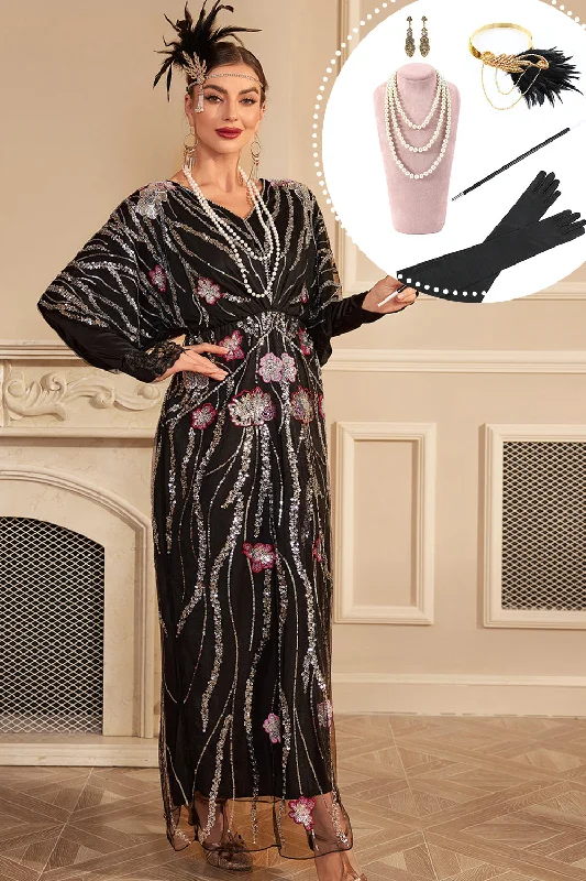 Sparkly Black Flower Oversized Long 1920s Dress with Accessories Set