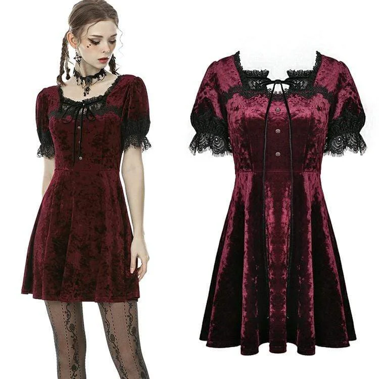 Women's Vintage Gothic Rose Red Velet Dresses with Lace Sleeves