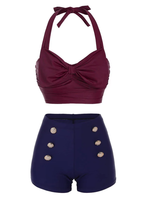 Wine Red 1950s Bow Halter Bikini Set Bikini with front tie, Sexy, Comfortable, Stylish Wine Red 1950s Bow Halter Bikini Set Bikini with front tie, Sexy, Comfortable, Stylish