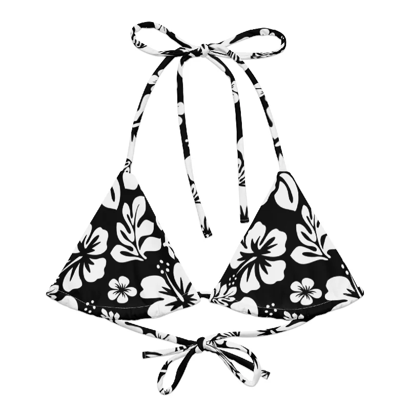 Black and White Hawaiian Flowers String Bikini Top Cross-front bikini, Sexy, Trendy, Comfortable