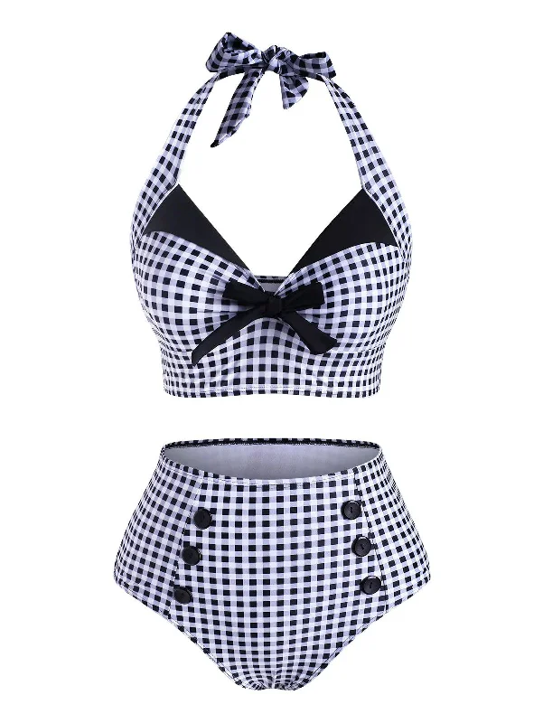 Black 1950s Gingham Halter Bowknot Bikini Set Striped bikini, Fun design, Trendy, Comfortable Black 1950s Gingham Halter Bowknot Bikini Set Striped bikini, Fun design, Trendy, Comfortable