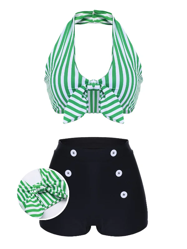 Green 1950s Retro Halter Stripes Bikini Set Ruched top bikini, Trendy, Sexy, Comfortable Green 1950s Retro Halter Stripes Bikini Set Ruched top bikini, Trendy, Sexy, Comfortable
