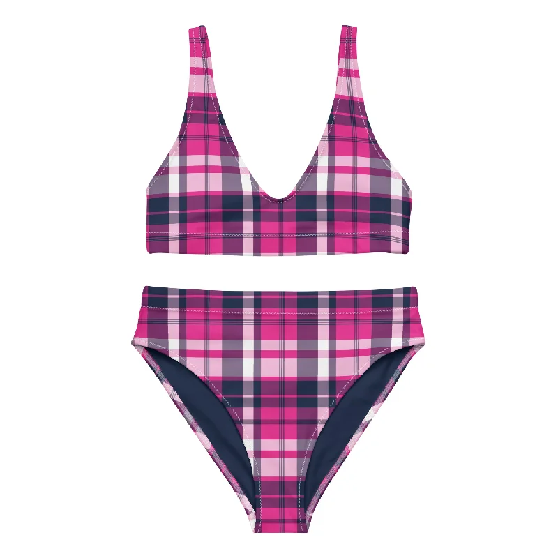 Hot Pink and Navy Blue Preppy Surfer Girl Plaid High Waisted Bikini V-shaped bikini, Trendy, Sexy, Comfortable Hot Pink and Navy Blue Preppy Surfer Girl Plaid High Waisted Bikini V-shaped bikini, Trendy, Sexy, Comfortable
