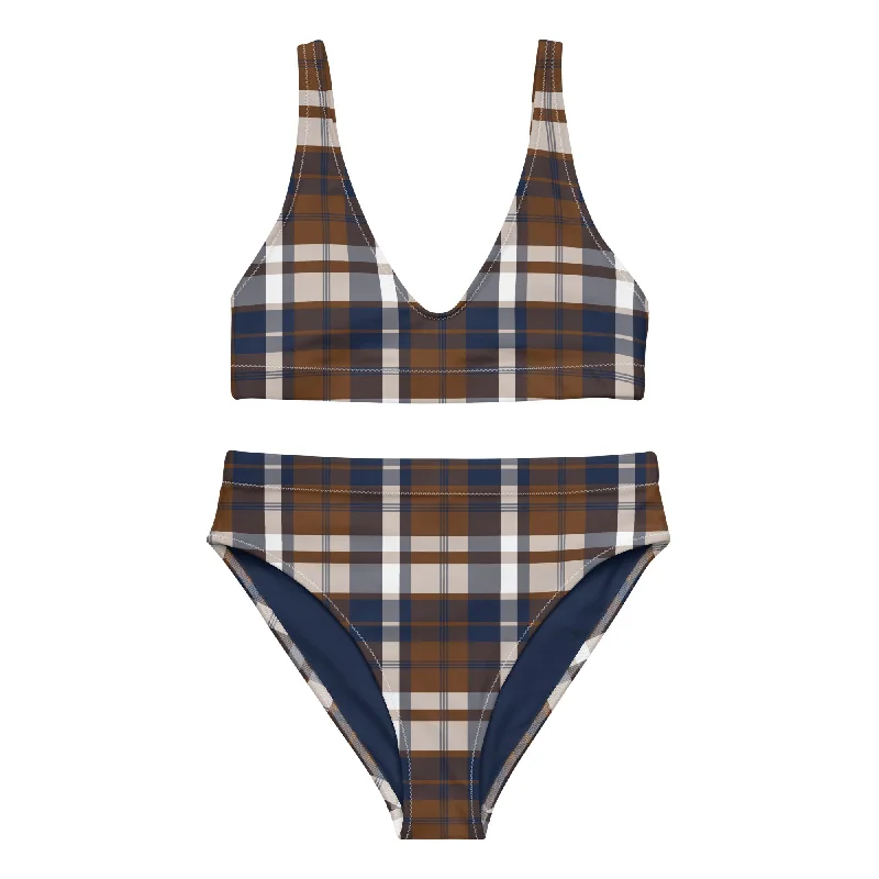 Navy Blue and Brown Preppy Surfer Girl Plaid High Waisted Bikini Two-tone bikini, Bold, Trendy, Chic Navy Blue and Brown Preppy Surfer Girl Plaid High Waisted Bikini Two-tone bikini, Bold, Trendy, Chic