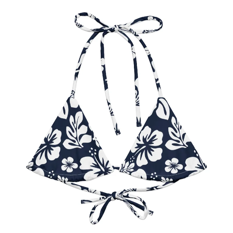Navy Blue and White Hawaiian Flowers String Bikini Top Cross-back bikini, Sexy, Comfortable, Stylish