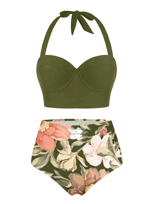 Olive 1950s Lace-Up Halter Flowers Bikini Set Swim bikini, Beachwear, Comfortable, Trendy Olive 1950s Lace-Up Halter Flowers Bikini Set Swim bikini, Beachwear, Comfortable, Trendy