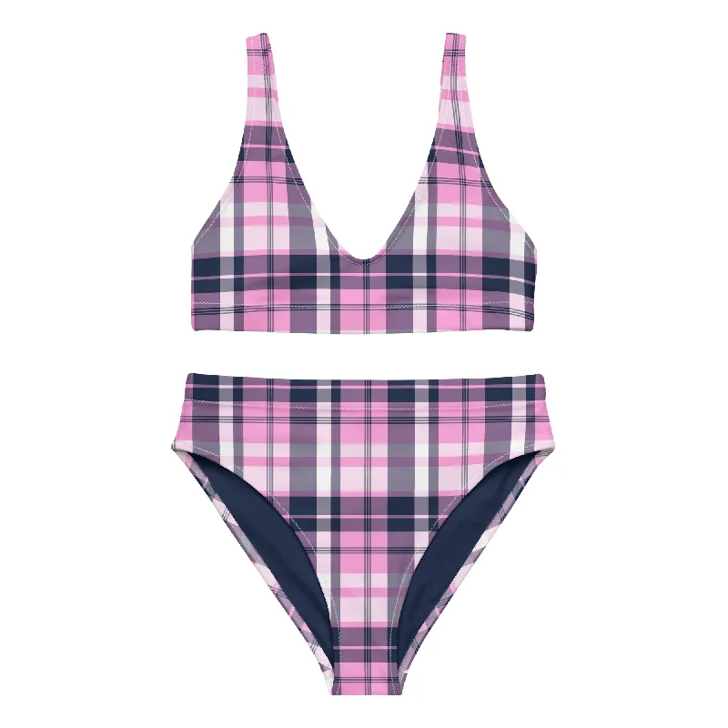 Pink and Navy Blue Preppy Surfer Girl Plaid High Waisted Bikini Bikini with ruffles, Feminine, Chic, Trendy Pink and Navy Blue Preppy Surfer Girl Plaid High Waisted Bikini Bikini with ruffles, Feminine, Chic, Trendy