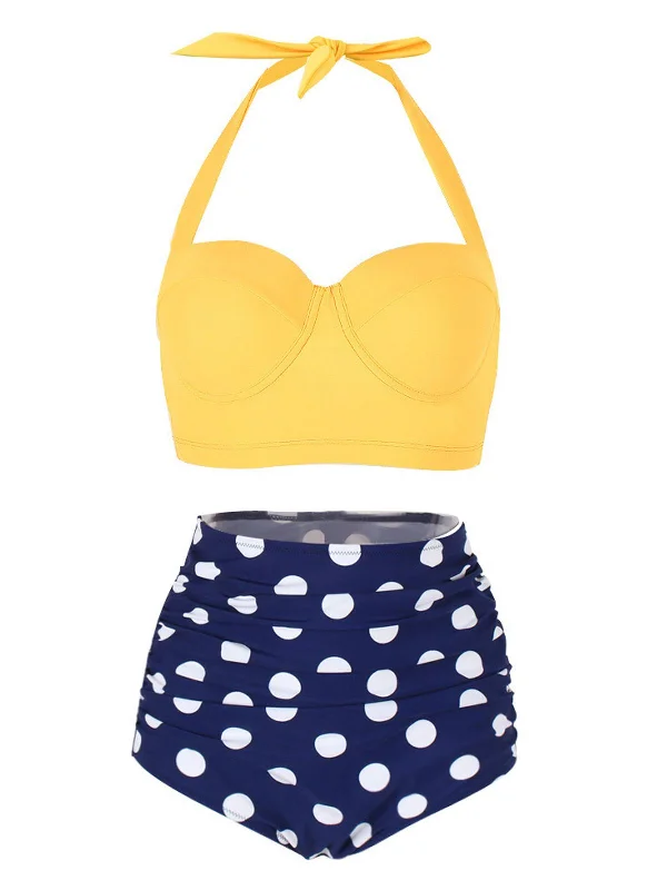 1950s Polka Dot Halter Pleated Bikini Tie-side bikini, Adjustable fit, Comfortable, Sexy