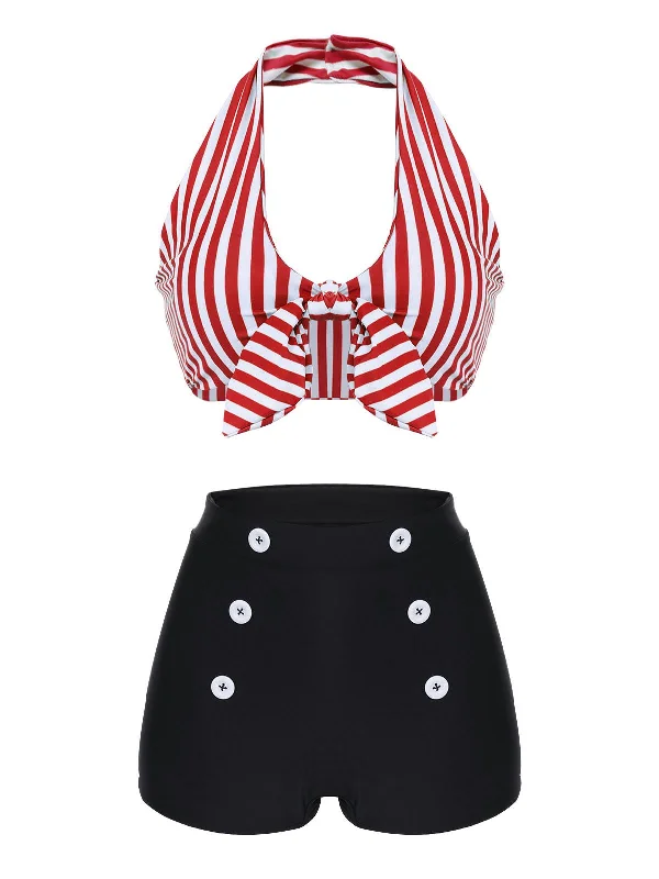 Red 1950s Retro Halter Stripes Bikini Set Banded bikini, Sleek, Sexy, Comfortable