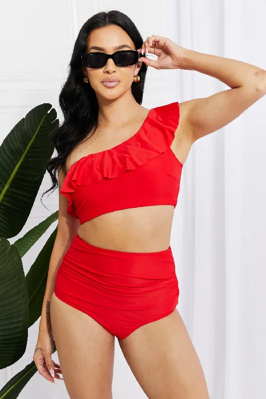 Red Seaside Romance Ruffle One-Shoulder Bikini High-waist bikini set, Vintage, Chic, Comfortable Red Seaside Romance Ruffle One-Shoulder Bikini High-waist bikini set, Vintage, Chic, Comfortable