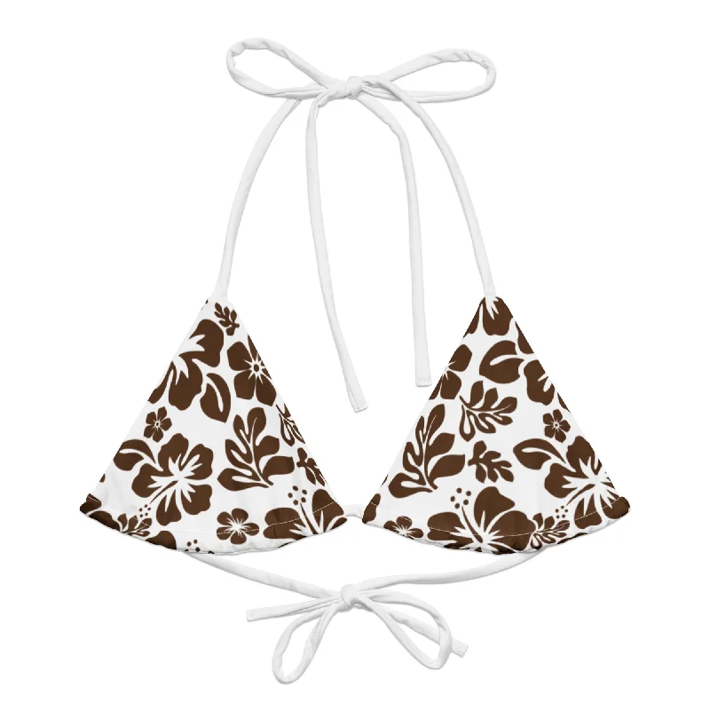 White and Brown Hawaiian Flowers String Bikini Top Cross-back bikini, Trendy, Sexy, Comfortable