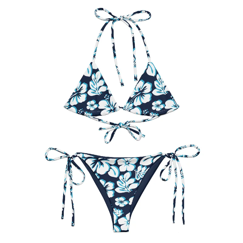 White, Aqua Blue and Navy Blue Hawaiian Flowers String Bikini Sports bikini set, Comfortable, Active, Trendy White, Aqua Blue and Navy Blue Hawaiian Flowers String Bikini Sports bikini set, Comfortable, Active, Trendy