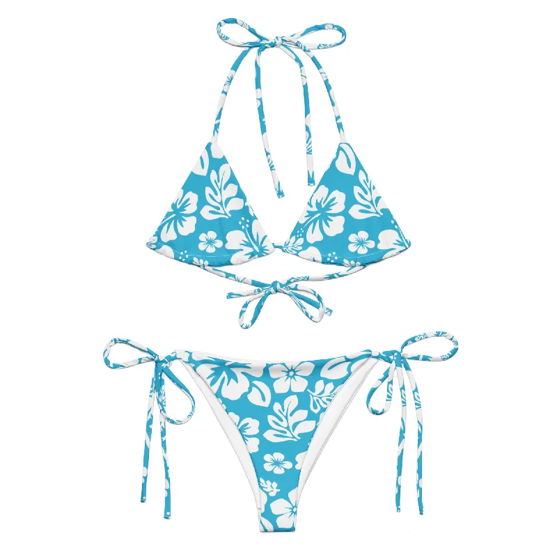 White Hawaiian Flowers on Aqua Ocean Blue String Bikini Plunge top bikini, Sexy, Trendy, Comfortable White Hawaiian Flowers on Aqua Ocean Blue String Bikini Plunge top bikini, Sexy, Trendy, Comfortable