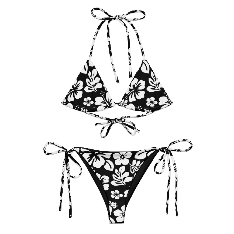 White Hawaiian Flowers on Black String Bikini Sexy bikini, Summer wear, Fashionable, Comfortable White Hawaiian Flowers on Black String Bikini Sexy bikini, Summer wear, Fashionable, Comfortable