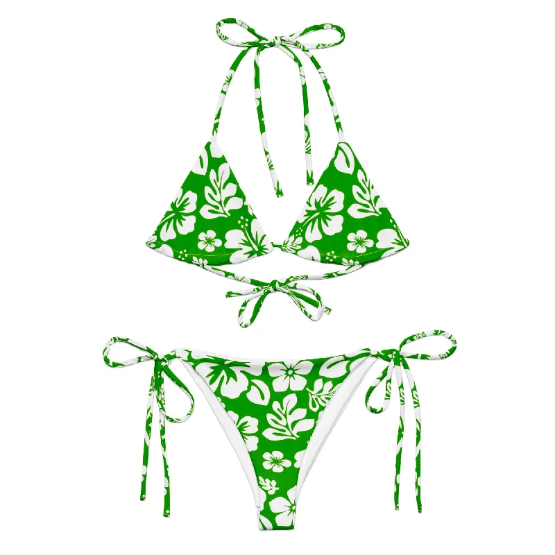 White Hawaiian Flowers on Fresh Green String Bikini Shiny metallic bikini, Glamorous, Trendy, Sexy White Hawaiian Flowers on Fresh Green String Bikini Shiny metallic bikini, Glamorous, Trendy, Sexy