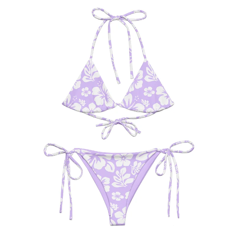White Hawaiian Flowers on Lavender String Bikini Ruffled bottom bikini, Feminine, Trendy, Sexy White Hawaiian Flowers on Lavender String Bikini Ruffled bottom bikini, Feminine, Trendy, Sexy