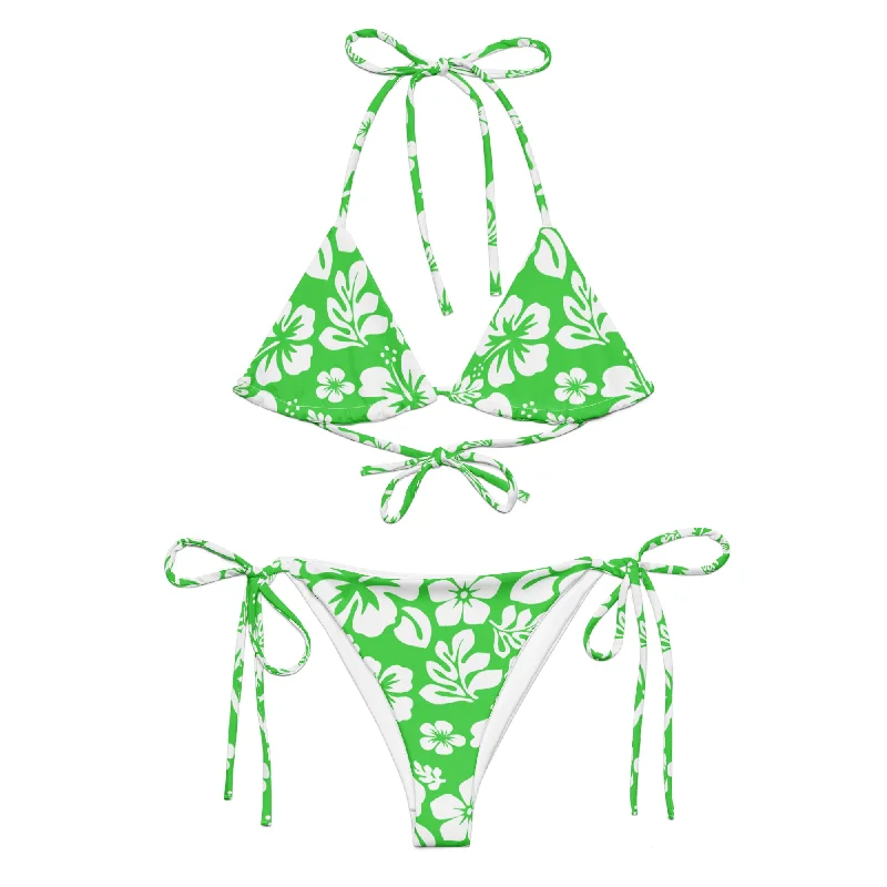 White Hawaiian Flowers on Lime Green String Bikini Ruched top bikini, Trendy, Comfortable, Sexy White Hawaiian Flowers on Lime Green String Bikini Ruched top bikini, Trendy, Comfortable, Sexy