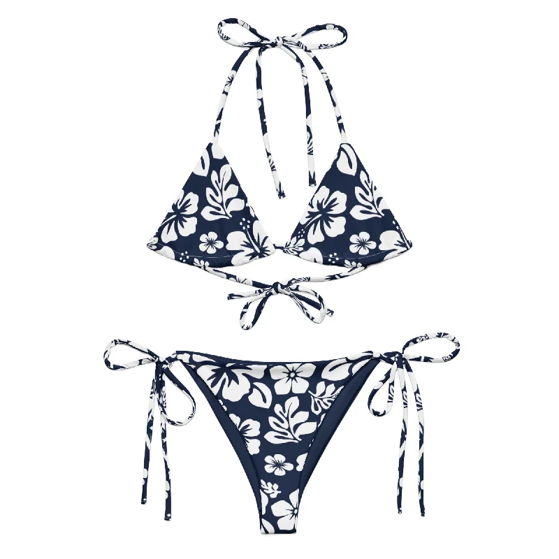 White Hawaiian Flowers on Navy Blue String Bikini Patterned bikini, Fun designs, Trendy, Comfortable White Hawaiian Flowers on Navy Blue String Bikini Patterned bikini, Fun designs, Trendy, Comfortable