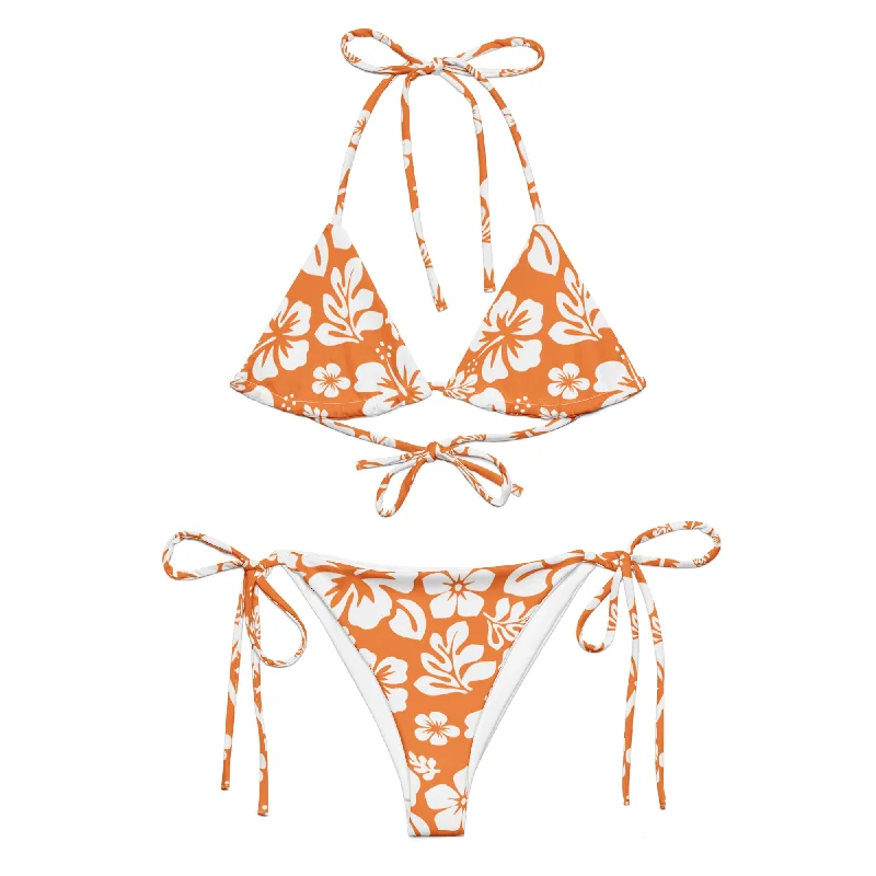 White Hawaiian Flowers on Orange String Bikini Ribbed top bikini, Textured, Comfortable, Chic