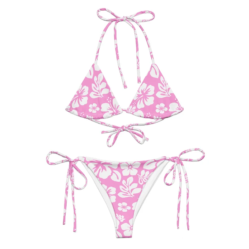 White Hawaiian Flowers on Pink String Bikini Ribbed bikini top, Comfortable, Sexy, Trendy White Hawaiian Flowers on Pink String Bikini Ribbed bikini top, Comfortable, Sexy, Trendy
